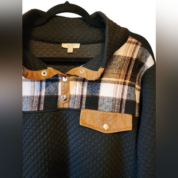 KORI women's Plaid Accent Quilted Pullover Sweater, Size L, button up co… - Picture 3 of 4